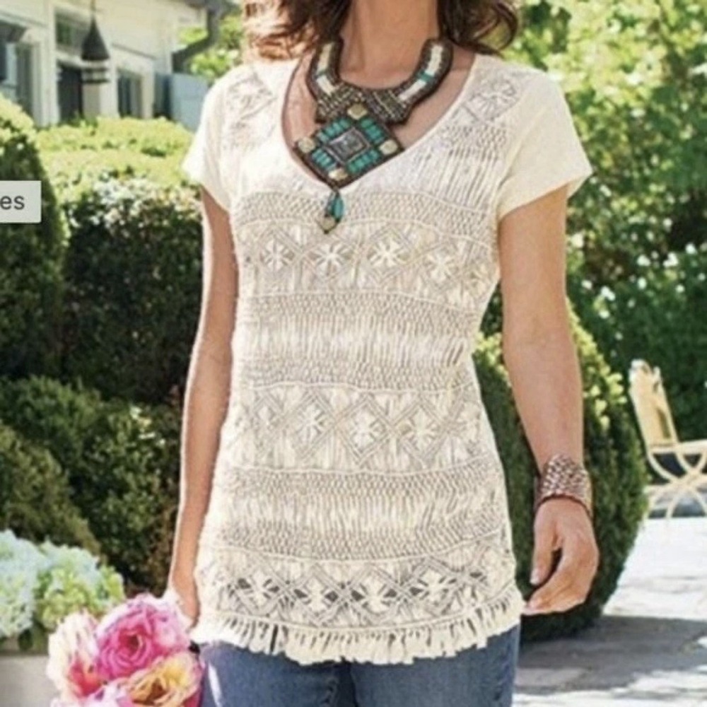 Soft Surroundings Pullover Macrame Tunic Top Embroidered ShortSleeve Size S Lace